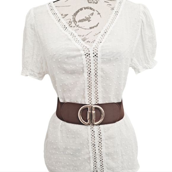 Brown elastic gold buckle corset wide cinch stretch waist statement dress Belt - Picture 1 of 12